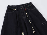 High-waisted wide-leg denim pants with bead details