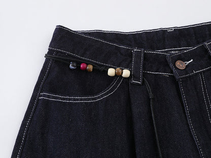 High-waisted wide-leg denim pants with bead details