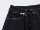 High-waisted wide-leg denim pants with bead details