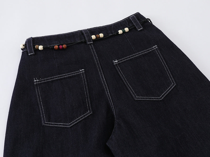 High-waisted wide-leg denim pants with bead details