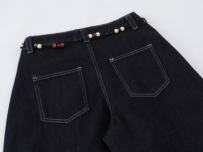 High-waisted wide-leg denim pants with bead details