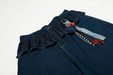Wide-leg high-waisted denim jeans with ruffled waist