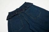 Wide-leg high-waisted denim jeans with ruffled waist