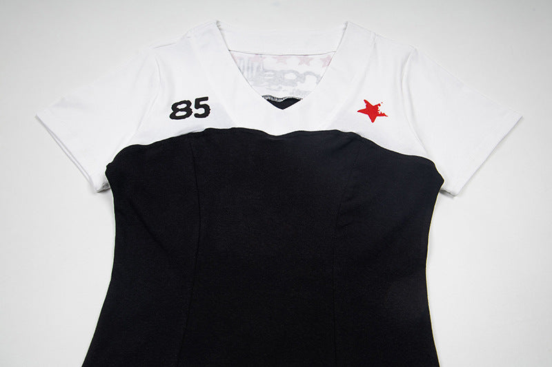 Fitted women's short-sleeved color block T-shirt