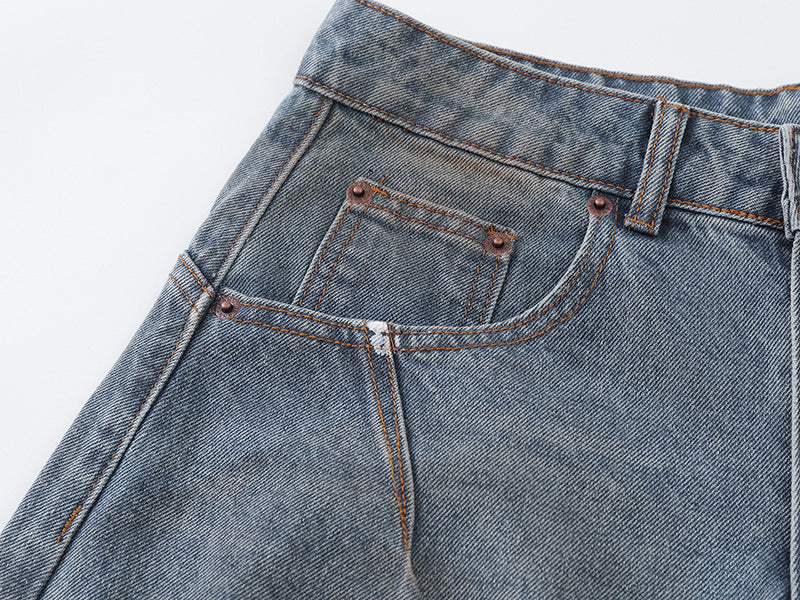 Distressed baggy denim jeans with wide leg cut