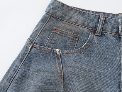 Distressed baggy denim jeans with wide leg cut