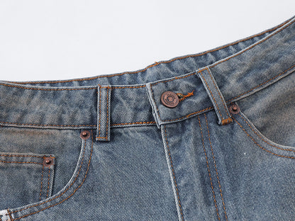 Distressed baggy denim jeans with wide leg cut