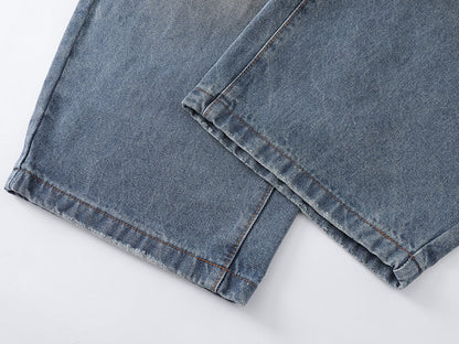 Distressed baggy denim jeans with wide leg cut