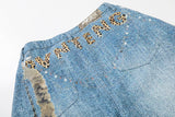 Light blue wide-leg denim culottes with abstract patterns