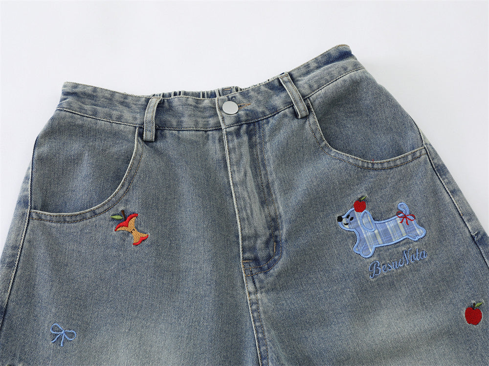 DAXUEN Wide-leg denim shorts with cartoon embroidery