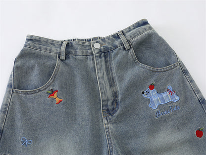 DAXUEN Wide-leg denim shorts with cartoon embroidery