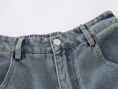 DAXUEN Wide-leg denim shorts with cartoon embroidery
