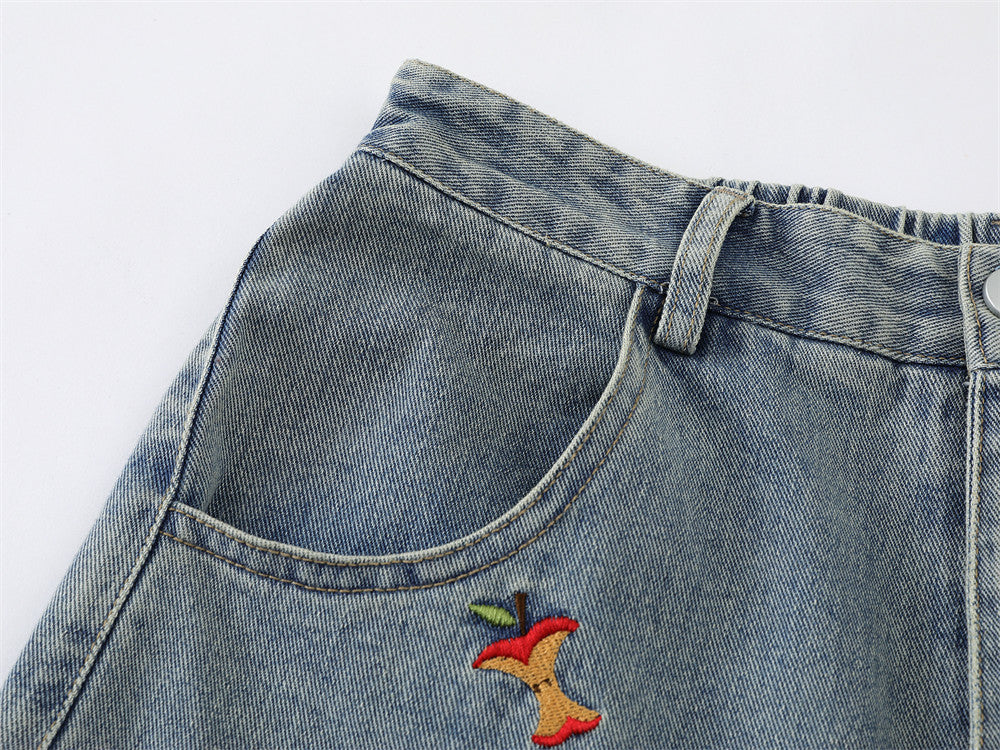 DAXUEN Wide-leg denim shorts with cartoon embroidery