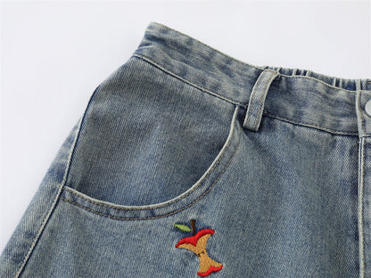 DAXUEN Wide-leg denim shorts with cartoon embroidery