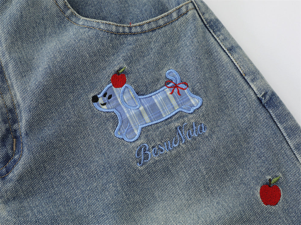 DAXUEN Wide-leg denim shorts with cartoon embroidery