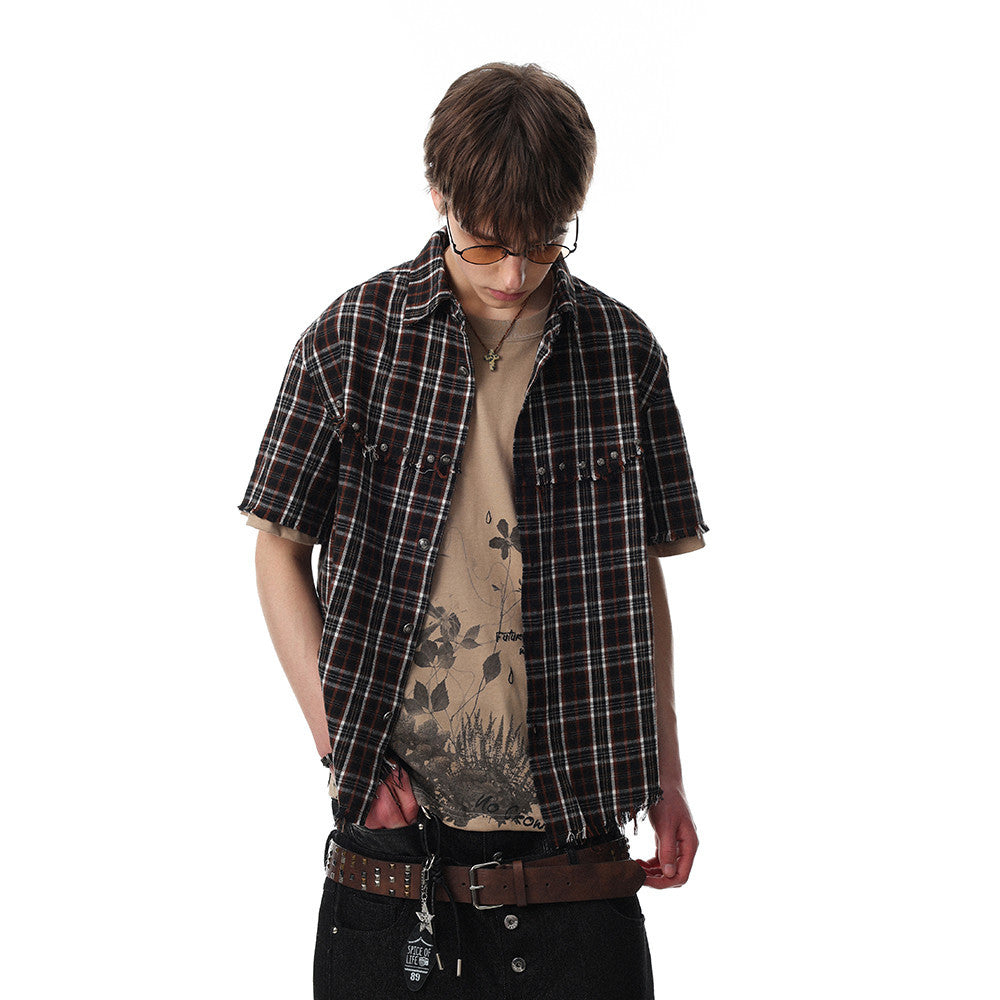 DAXUEN Distressed plaid button-up shirt with frayed edges