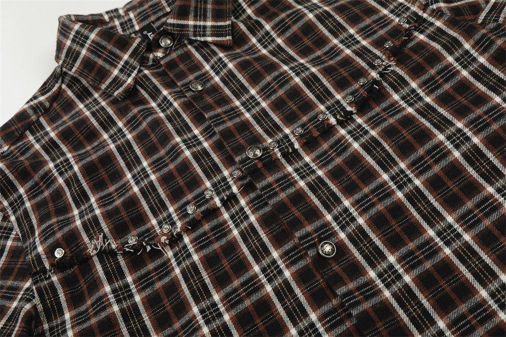 DAXUEN Distressed plaid button-up shirt with frayed edges