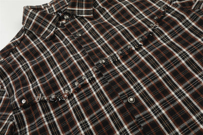 DAXUEN Distressed plaid button-up shirt with frayed edges
