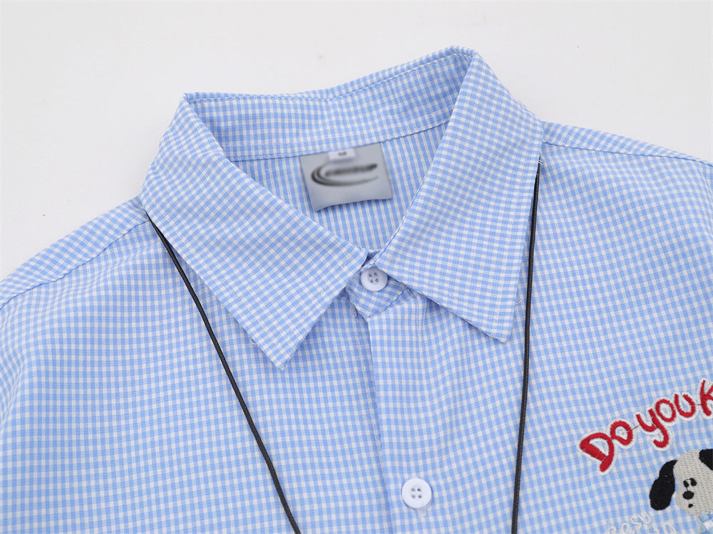 DAXUEN Gingham button-up shirt with teddy bear pendant