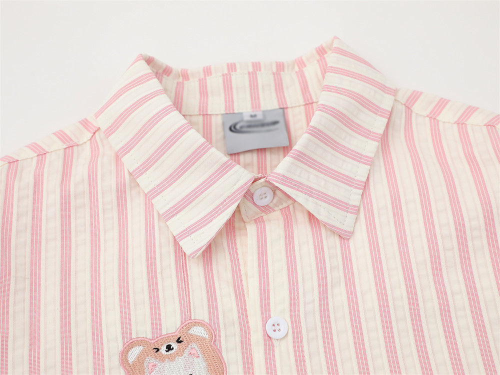 DAXUEN Striped short sleeve button-up shirt with animal embroidery