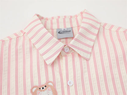 DAXUEN Striped short sleeve button-up shirt with animal embroidery