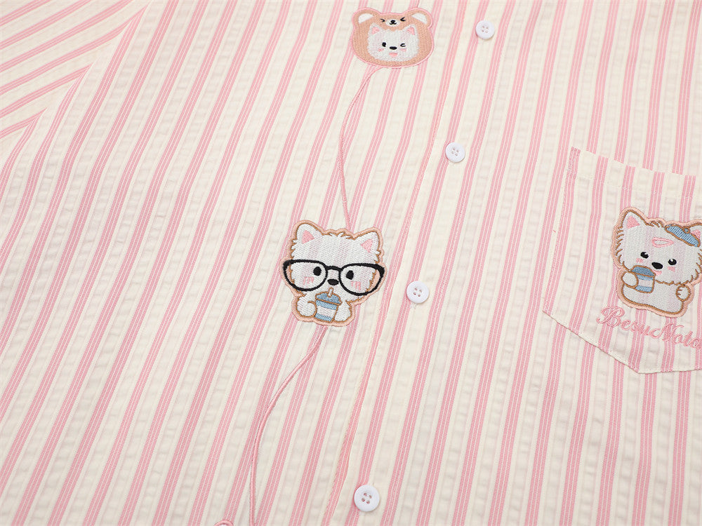 DAXUEN Striped short sleeve button-up shirt with animal embroidery
