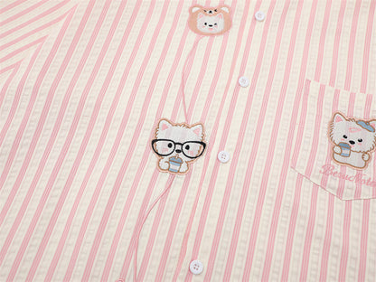 DAXUEN Striped short sleeve button-up shirt with animal embroidery
