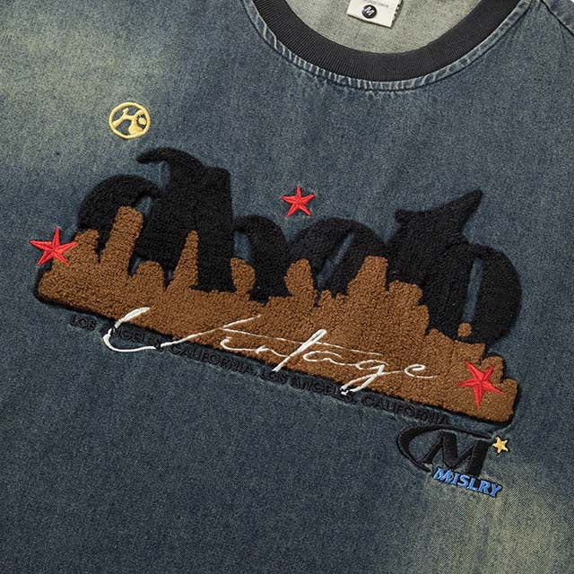 DAXUEN Embroidered denim t-shirt with cityscape design