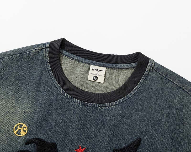 DAXUEN Embroidered denim t-shirt with cityscape design