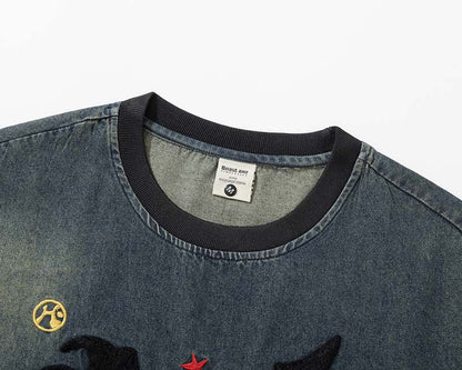 DAXUEN Embroidered denim t-shirt with cityscape design