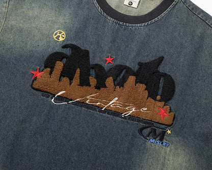 DAXUEN Embroidered denim t-shirt with cityscape design
