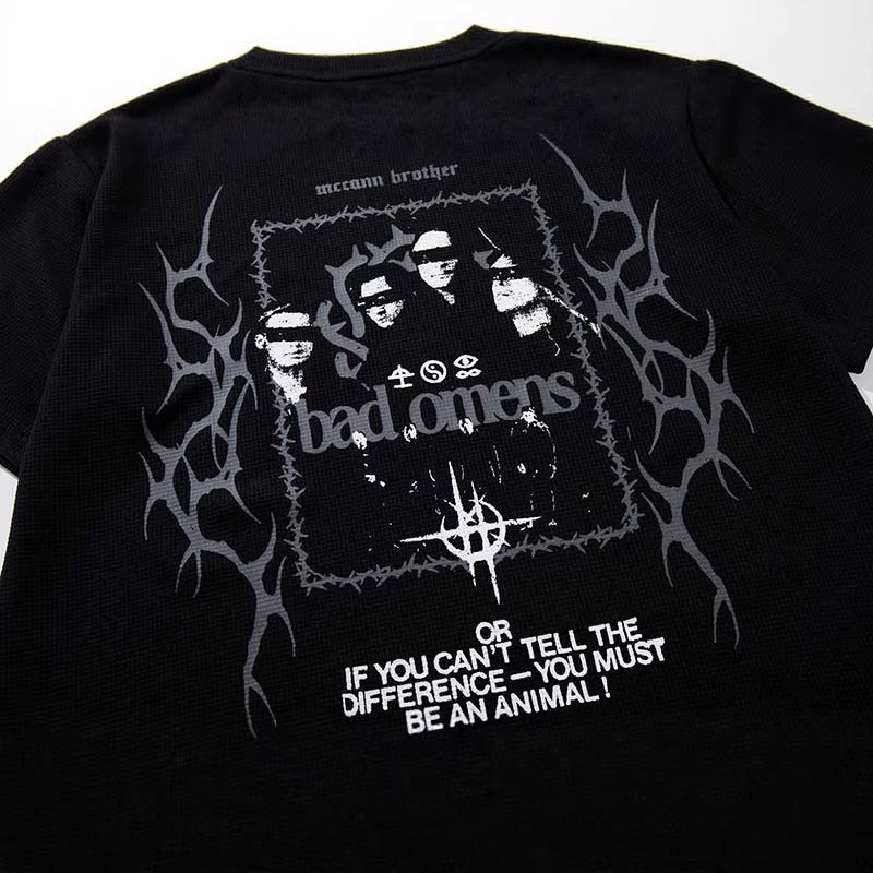 DAXUEN Black short-sleeved waffle knit t-shirt with graphic design