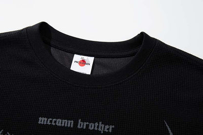 DAXUEN Black short-sleeved waffle knit t-shirt with graphic design
