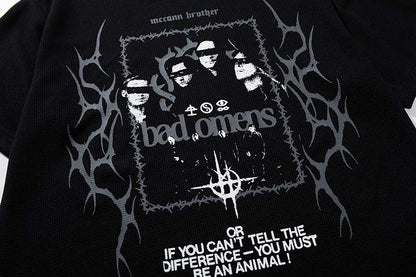 DAXUEN Black short-sleeved waffle knit t-shirt with graphic design