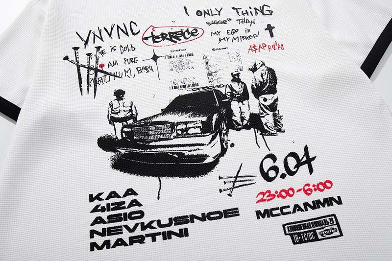 DAXUEN White waffle-knit graphic t-shirt with black and red print