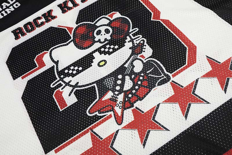 DAXUEN Black and white graphic V-neck t-shirt with red accents