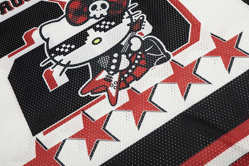 DAXUEN Black and white graphic V-neck t-shirt with red accents