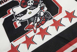 DAXUEN Black and white graphic V-neck t-shirt with red accents