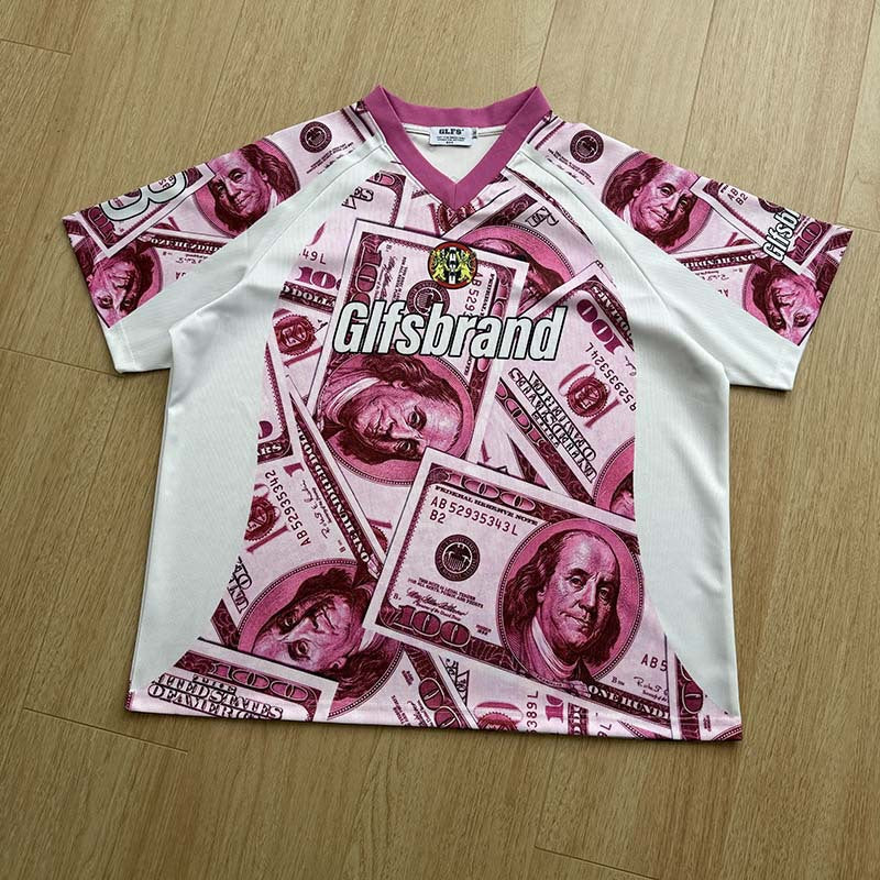 DAXUEN Oversized V-neck T-shirt with money print