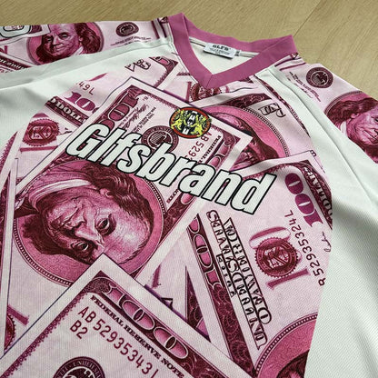 DAXUEN Oversized V-neck T-shirt with money print