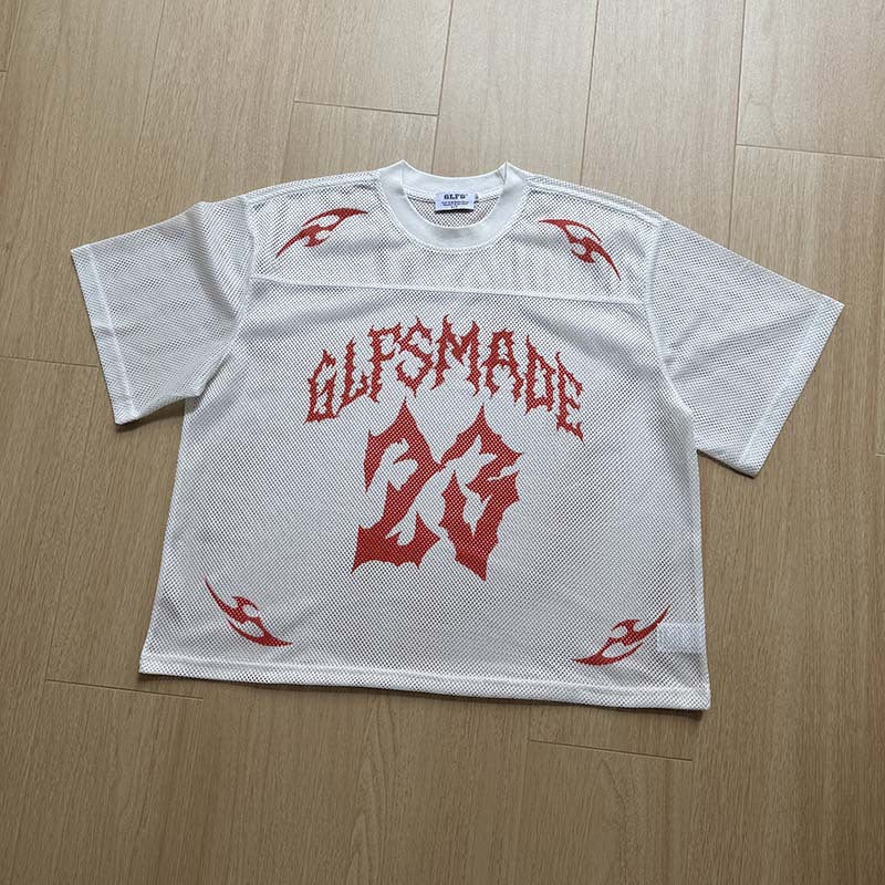 DAXUEN Oversized mesh jersey T-shirt with gothic graphics
