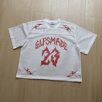 DAXUEN Oversized mesh jersey T-shirt with gothic graphics
