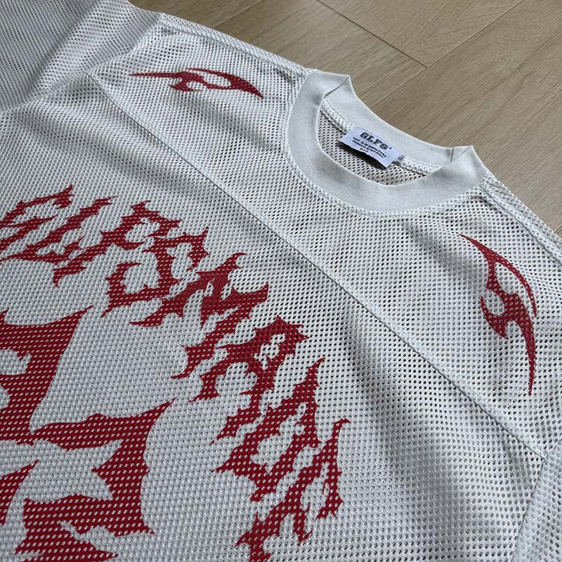 DAXUEN Oversized mesh jersey T-shirt with gothic graphics