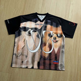 DAXUEN Oversized black graphic V-neck T-shirt with canine print