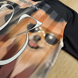 DAXUEN Oversized black graphic V-neck T-shirt with canine print