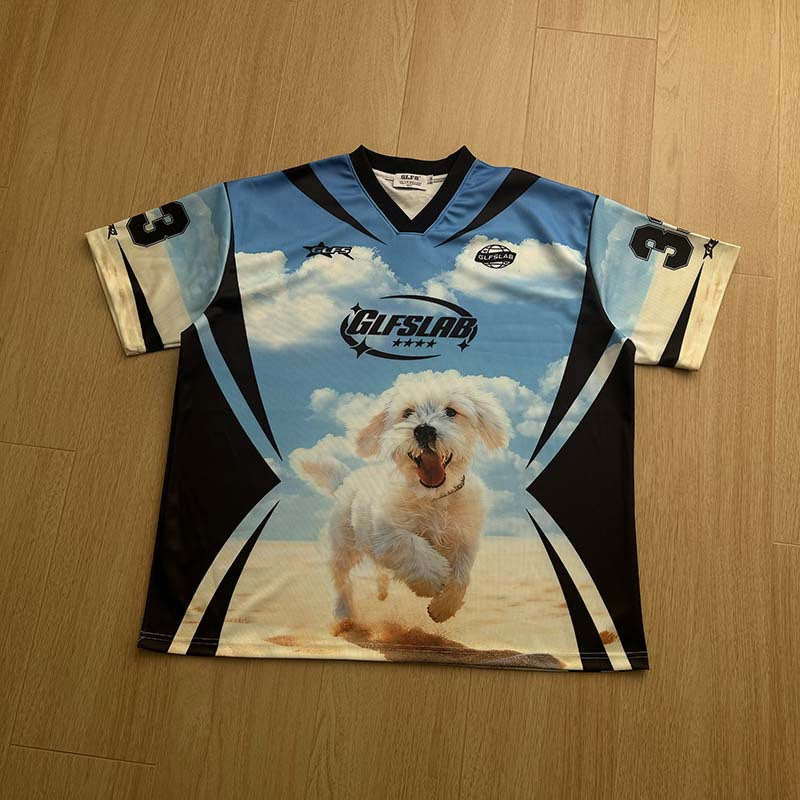 DAXUEN Sky blue short-sleeved graphic t-shirt featuring a dog