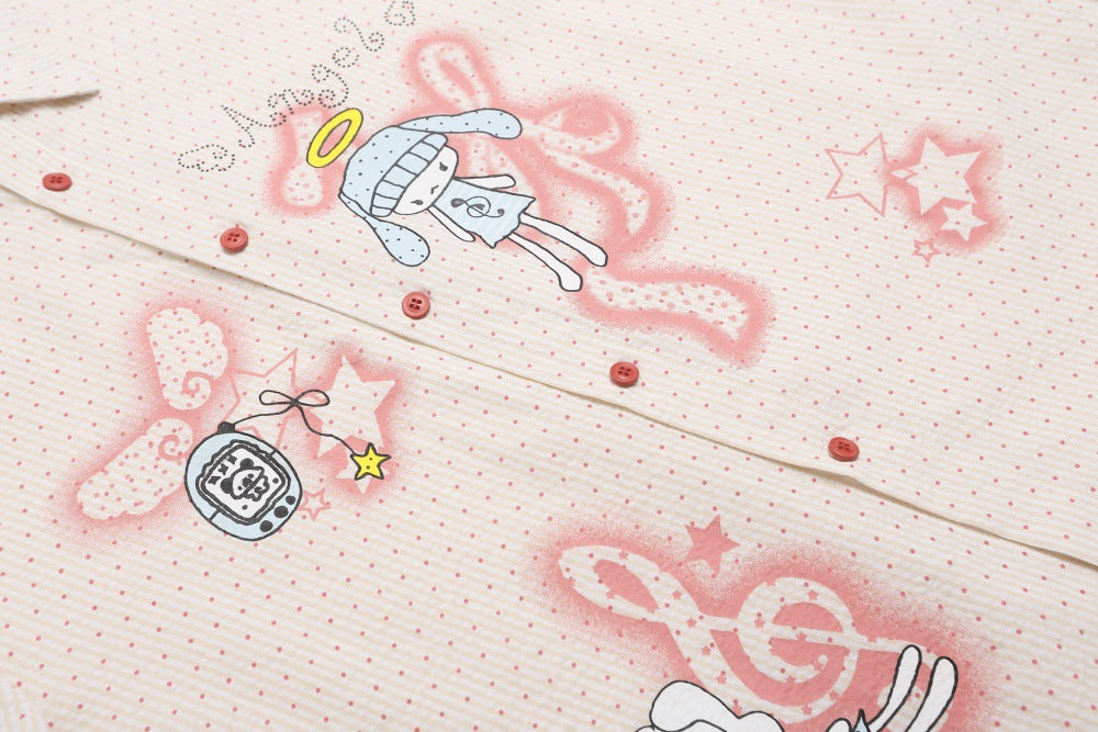 DAXUEN Beige short-sleeved button-up shirt with polka dots