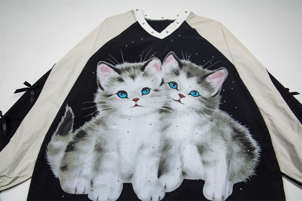 DAXUEN Black oversized pullover with kitten graphic and studs
