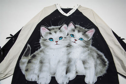 DAXUEN Black oversized pullover with kitten graphic and studs