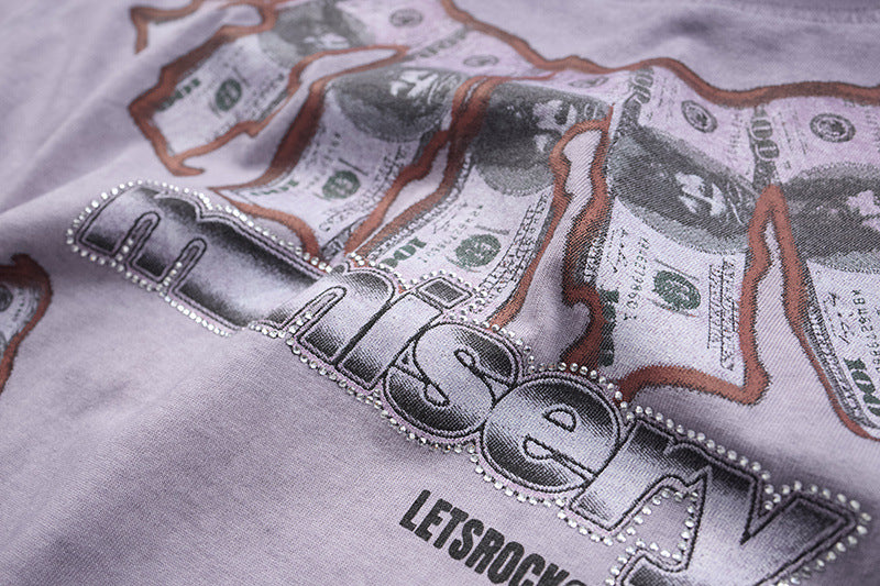 DAXUEN Washed oversized graphic t-shirt with dollar bills and 'misery' print